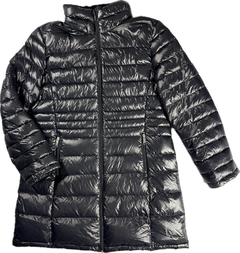 ANDREW MARC Sz XL Long Down Puffer Coat Black Shine Gloss Velvet Collar